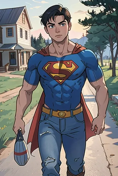 portrait of an 18 year old muscular young man from the 1890s, superman t-shirt, blue jeans, boots, no visible abs, walking along a dusty country road, cinematic composition, professional color grading, film grain, atmosphere, wondrous, in the art style of francis manapul,