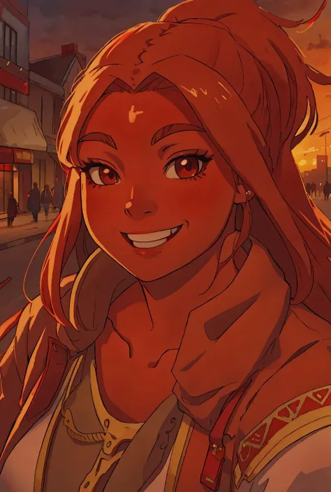 (best-quality:0.8), (best-quality:0.8), perfect anime illustration, extreme closeup portrait of a pretty woman walking through the city, (orc woman:0.5), cute, red skin, smiling,