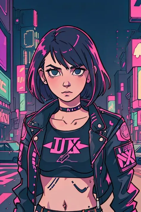 a waist-length portrait of a punk girl in a leather jacket, bob hairstyle, choker, intricate, highly detailed, cinematic composition, cinematic lighting, hyper detailed, (moebius art style:1.2), (cyberpunk city at background:1.2)