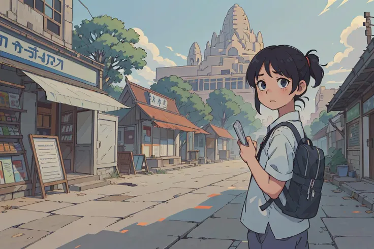 (best-quality:0.8), (best-quality:0.8), perfect anime illustration of a  landscape of a Elusive Exhausted [Train station:Angkor Wat:2]  and Moving Bangladeshi Convenience store, Sunny, Anime screencap, Flustered, Street Art, Gel lighting, Fish-eye Lens, Fujicolor, caustics, surreal design, ultra high res, HDR