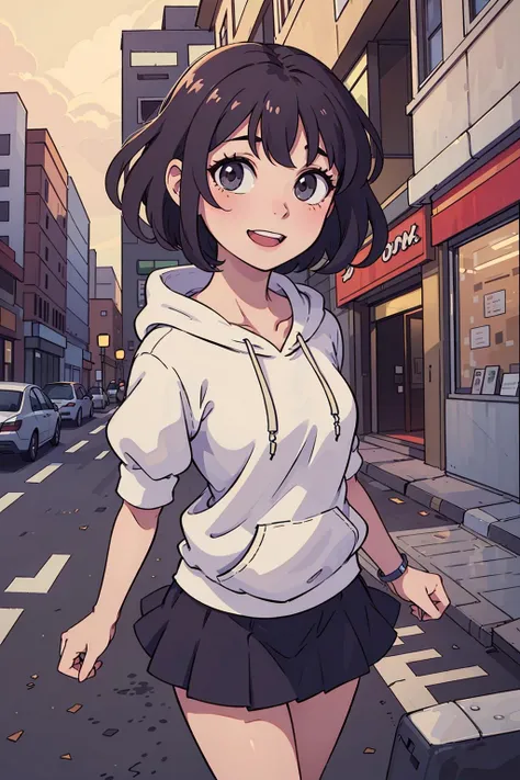 (best quality:0.8) perfect anime illustration, a pretty, happy woman with short curly brown hair on the street in the city, wearing a hoodie, skirt