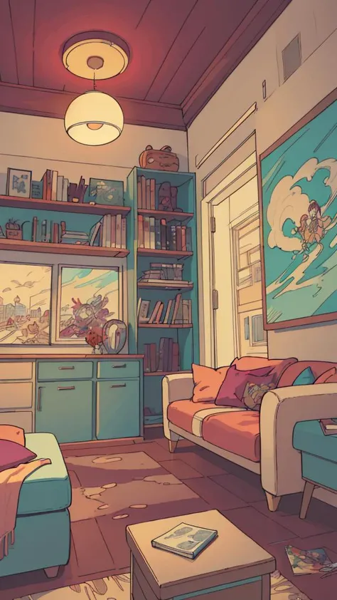 comic anime artwork (best quality, masterpiece, beautiful and aesthetic:1.2, colorful) living room with book shelf at the right , (extreme detailed, highest detailed), anime, cartoony . anime style, key visual, vibrant, studio anime, highly detailed . graphic illustration, comic art, graphic novel art, vibrant, highly detailed