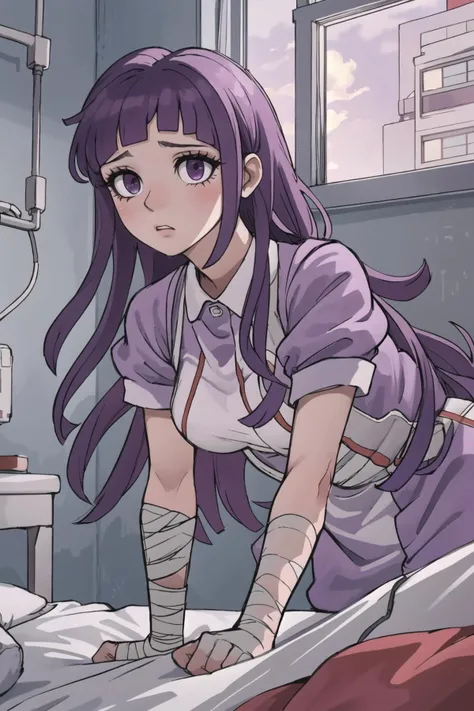 masterpiece, best quality, absurdres, beautiful detailed, finely detailed, intricate details, <lora:KomatsuzakiRuiV2:0.4>, BREAK, 1girl, upper body, window, hospital bed, infirmary, medium breasts, from below, looking at viewer, nervous, worried, bent over, leaning forward, <lora:MikanDG:0.6> mikandg, bandages, bandaged arm, bandaged leg, purple hair