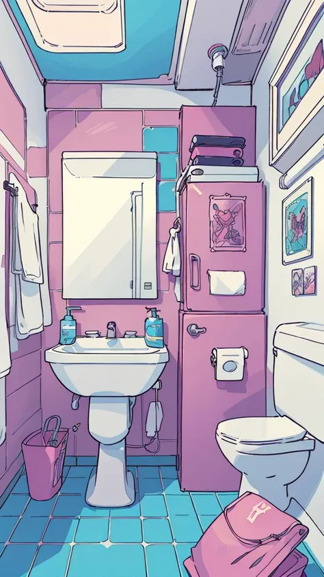comic anime artwork (best quality, masterpiece, beautiful and aesthetic:1.2, colorful), Empty bathroom, without anyone, completely devoid of humans., (extreme detailed, highest detailed), anime, cartoony . anime style, key visual, vibrant, studio anime, highly detailed . graphic illustration, comic art, graphic novel art, vibrant, highly detailed