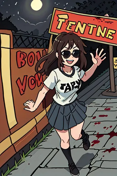 score_9, score_8_up, score_7_up, 1girl, korean girl, (medium chest:0.5),full body, dark hair, black striped t-shirt, denim pleated skirt, sunglasses, blood from mouth, demonic smile, foreskin, at night