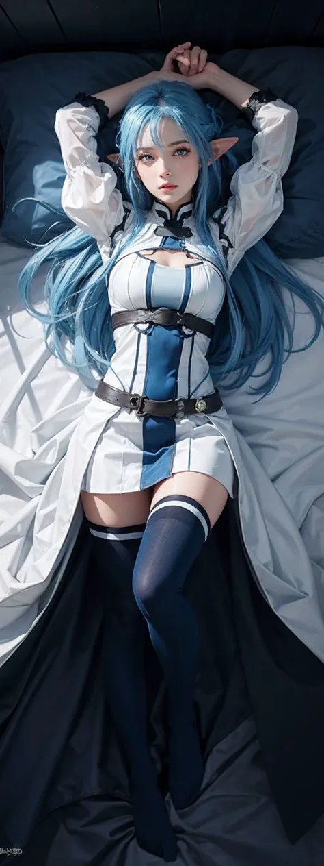 (((masterpiece))), (8k, high_resolution), extremely detailed CG, ((best quality)),
cinematic lighting, dynamic lighting,
shiny skin,
detailed blue eyes, beautiful face,
1girl, solo,
bed,
lying,
full body,
from above,
looking at viewer,
(medium breasts, slender),
bbasuna, long hair, blue hair, blue eyes, pointy ears, white dress, detached sleeves, blue thighhighs, <lora:asuna_(sao)_v1:0.7>,