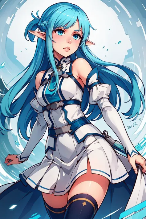 ((masterpiece,best quality)), bbasuna, long hair, blue hair, blue eyes, pointy ears, white dress, detached sleeves, blue thighhighs, <lora:asuna_(sao)_v1:0.7>, cowboy shot