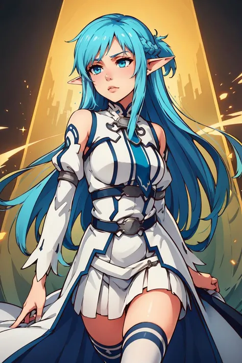 ((masterpiece,best quality)), bbasuna, long hair, blue hair, blue eyes, pointy ears, white dress, detached sleeves, blue thighhighs, <lora:asuna_(sao)_v1:0.7>, cowboy shot