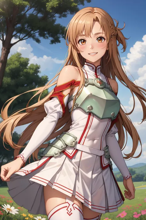 masterpiece, best quality, highres, absurdres, ultra detailed, pretty eyes, pretty_hands,
aaasuna, long hair, brown hair, braid, brown eyes, bare shoulders, armor, breastplate, white sleeves, detached sleeves, red skirt, pleated skirt, white thighhighs, smiling, happy, blushing, 
crossing_fields, castle, flowers, trees
 <lora:asuna_(sao)_v1:0.8>