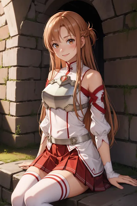 masterpiece, best quality, highres, absurdres, ultra detailed, pretty eyes, pretty_hands,
aaasuna, long hair, brown hair, braid, brown eyes, bare shoulders, armor, breastplate, white sleeves, detached sleeves, red skirt, pleated skirt, white thighhighs, smiling, happy, blushing,
BREAK
dark, basement, shackles, dirty, stone_wall, dim_lit
 <lora:asuna_(sao)_v1:0.8>