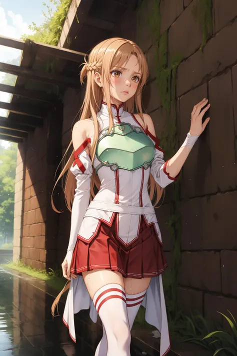 masterpiece, best quality, highres, absurdres, ultra detailed, pretty eyes, pretty_hands,
aaasuna, long hair, brown hair, braid, brown eyes, bare shoulders, armor, breastplate, white sleeves, detached sleeves, red skirt, pleated skirt, white thighhighs, sad, disappointed, blushing, wet_cloths, torn_clothing
BREAK
walking, very_dark, sewer_tunnel, dirty, stone_wall, dripping_water, water
<lora:asuna_(sao)_v1:0.8>