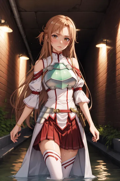 masterpiece, best quality, highres, absurdres, ultra detailed, pretty eyes, pretty_hands,
aaasuna, long hair, brown hair, braid, brown eyes, bare shoulders, armor, breastplate, white sleeves, detached sleeves, red skirt, pleated skirt, white thighhighs, sad, disappointed, blushing, wet_cloths, ((torn_clothing))
BREAK
walking, very_dark, sewer_tunnel, dirty, stone_wall, dripping_water, water, tentacles
<lora:asuna_(sao)_v1:0.8>
