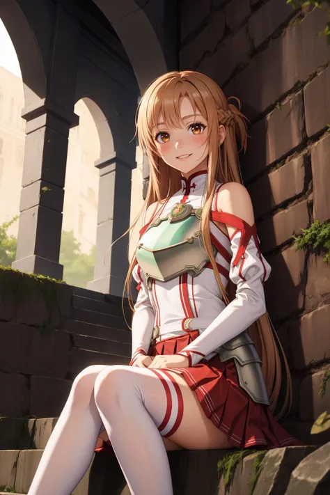 masterpiece, best quality, highres, absurdres, ultra detailed, pretty eyes, pretty_hands,
aaasuna, long hair, brown hair, braid, brown eyes, bare shoulders, armor, breastplate, white sleeves, detached sleeves, red skirt, pleated skirt, secretary, Desk, white thighhighs, smiling, happy, blushing,
BREAK
dark, basement, shackles, dirty, stone_wall, dim_lit
