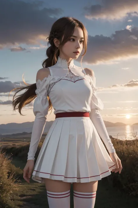 masterpiece, best quality, highres, aaasuna, long hair, brown hair, braid, brown eyes, bare shoulders, armor, breastplate, white sleeves, detached sleeves, red skirt, pleated skirt, white thighhighs, <lora:asuna_(sao)_v1:0.7>, sunset, standing, cowboy shot,