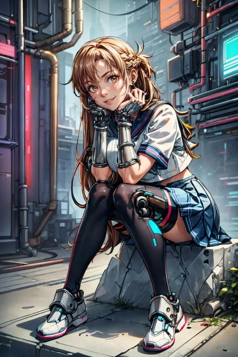 (looking at viewer:1.1),Smile,solo,
<lora:(ååç¥å)çµåææ¥å¥.äºçµ²å¨é¢¨æ ¼.asuna_(sao)_v1:0.8>,
aaasuna,(brown eyes:1.1),bangs,brown hair,long hair,braid,(large breasts:1.1),
serafuku,blue sailor collar,white shirt,short sleeves,pleated skirt,blue skirt,black thighhighs,shoes,black footwear,sitting,head rest,hands on own face,hands on own cheeks,
<lora:[ç«é¢¨]è³½åé¾å.CyberPunkAI:1>,
(cybernetic armor:1.2),(mechanical parts:1.1),
outdoors,tree,CYBERPUNKAI,NEON,holographic interface,hologram,
<lora:[åè½]å¢æ¸ç´°ç¯LORA.add_detail:1>,