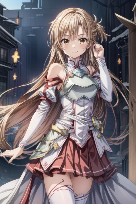 masterpiece, best quality, highres, absurdres, ultra detailed,
aaasuna, long hair, brown hair, braid, brown eyes, bare shoulders, armor, breastplate, white sleeves, detached sleeves, red skirt, pleated skirt, white thighhighs, <lora:asuna_(sao)_v1:0.7>, <lora:more_details:0.7>,
BREAK
standing , smile, hand in hair, looking at viewer, in fantasy town