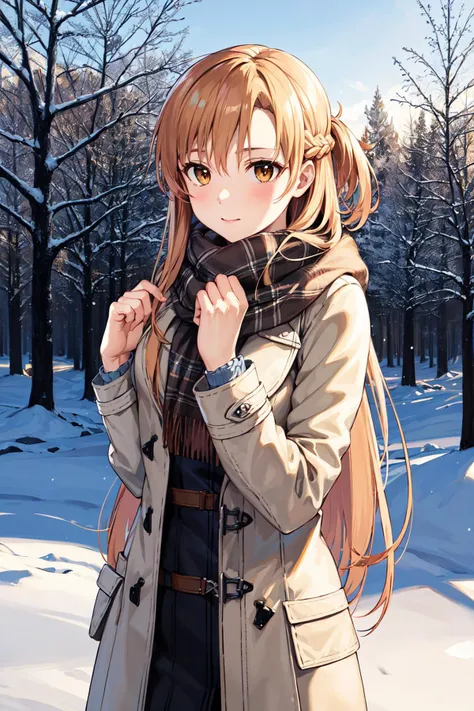 masterpiece, best quality, highres, aaasuna, long hair, brown hair, braid, brown eyes, <lora:asuna_(sao)_v1:0.7>, coat, scarf, winter clothes, snow, outdoors,