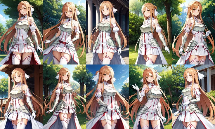 masterpiece, best quality, highres, ddasuna, long hair, brown hair, hair ribbon, brown eyes, bare shoulders, white armor, armored dress, detached sleeves, white gloves, white thighhighs, <lora:asuna_(sao)_v1:0.7>, outdoors, standing, cowboy shot