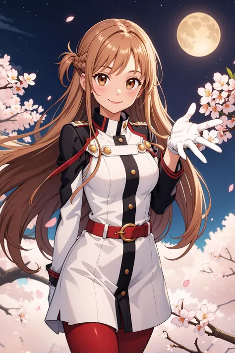 masterpiece, best quality, highres, ccasuna, long hair, brown hair, brown eyes, uniform, jacket, long sleeves, white gloves, belt, red pantyhose, <lora:asuna_(sao)_v1:0.7>, cherry blossoms, night, reaching out, smile, petal, arms behind back