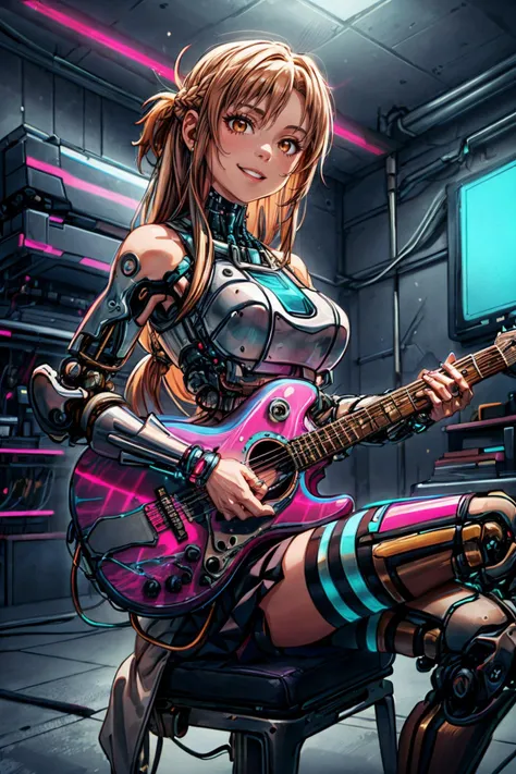 (looking at viewer:1.1),Smile,solo,
<lora:(ååç¥å)çµåææ¥å¥.äºçµ²å¨é¢¨æ ¼.asuna_(sao)_v1:0.8>,
aaasuna,(brown eyes:1.1),bangs,brown hair,long hair,braid,(large breasts:1.1),
skirt,(playing guitar),sitting on chair,crossed legs,indoor,
<lora:CyberPunkAI:1>,
(cybernetic armor:1.2),(mechanical parts:1.1),
CYBERPUNKAI,NEON,holographic interface,hologram,
<lora:[åè½]å¢æ¸ç´°ç¯LORA.add_detail:1>,