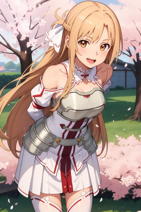 masterpiece, best quality, highres, looking at viewer, ddasuna, long hair, brown hair, hair ribbon, brown eyes, bare shoulders, white armor, armored dress, detached sleeves, white gloves, white thighhighs
smile, open mouth, standing, leaning forward, arms behind back, outdoors, cherry blossoms, <lora:asuna_(sao)_v1:.8>
