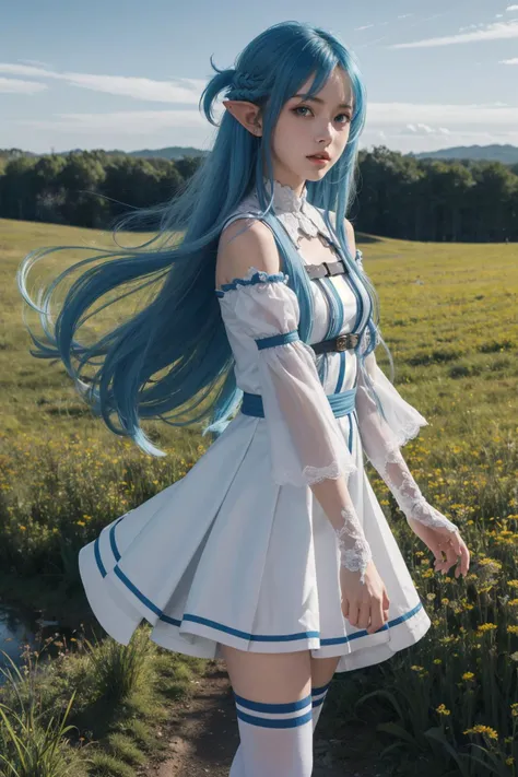 masterpiece, best quality, highres, bbasuna, long hair, blue hair, blue eyes, pointy ears, white dress, detached sleeves, blue thighhighs, <lora:asuna_(sao)_v1:0.7>, standing, sword, holding weapon, holding, outdoors, field,