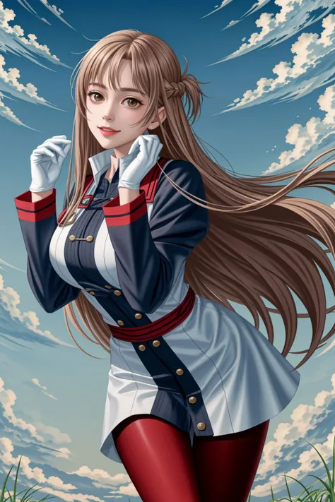 <lora:lcm_lora_sd15:1>,
(masterpiece,best quality,8k,beautiful and aesthetic:1.2),
solid-best-physical-appearance-perfect::2,
cosplay,Smile,HUGE BREASTS,
<lora:(RRy^W)}PWfeYH.N}rZh<.asuna_(sao)_v1>,
ccasuna,brown eyes,bangs,brown hair,(long hair),
uniform,jacket,long sleeves,white gloves,belt,red pantyhose,
floating hair,(bent_over),leaning_forward,outdoors,sky,
<lora:[R]Xn}0{LORA.add_detail:0.3>,