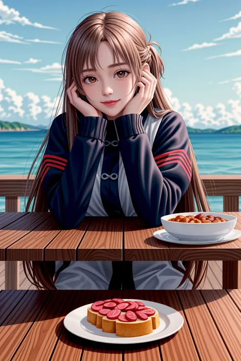 <lora:lcm_lora_sd15:1>,
(masterpiece,best quality,8k,beautiful and aesthetic:1.2),
solid-best-physical-appearance-perfect::2,
cosplay,Smile,HUGE BREASTS,
<lora:(RRy^W)}PWfeYH.N}rZh<.asuna_(sao)_v1>,
ccasuna,brown eyes,bangs,brown hair,(long hair),
uniform,jacket,long sleeves,white gloves,belt,red pantyhose,
sitting,hands on own face,hands on own cheeks,head rest,elbows on table,floating hair,upper body,
(table),outdoors,sky,
<lora:[R]Xn}0{LORA.add_detail:0.3>,