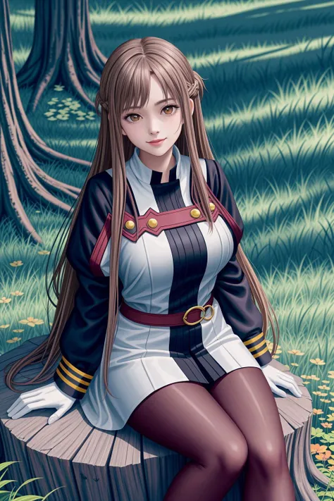<lora:lcm_lora_sd15:1>,
(masterpiece,best quality,8k,beautiful and aesthetic:1.2),
solid-best-physical-appearance-perfect::2,
cosplay,Smile,HUGE BREASTS,floating hair,
<lora:(RRy^W)}PWfeYH.N}rZh<.asuna_(sao)_v1>,
ccasuna,brown eyes,bangs,brown hair,(long hair),
uniform,jacket,long sleeves,white gloves,belt,(red pantyhose),
(bent_over:1.2),sitting on tree stump,outside,dappled sunlight,
<lora:[R]Xn}0{LORA.add_detail:0.3>,