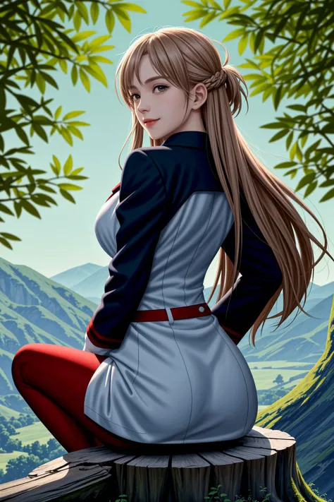<lora:lcm_lora_sd15:1>,
(masterpiece,best quality,8k,beautiful and aesthetic:1.2),
solid-best-physical-appearance-perfect::2,
cosplay,Smile,HUGE BREASTS,floating hair,
<lora:(RRy^W)}PWfeYH.N}rZh<.asuna_(sao)_v1>,
ccasuna,brown eyes,bangs,brown hair,(long hair),
uniform,jacket,long sleeves,white gloves,belt,(red pantyhose),
(arched_back:1.3),sitting on tree stump,outside,dappled sunlight,
<lora:[R]Xn}0{LORA.add_detail:0.3>,