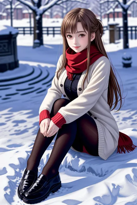 <lora:lcm_lora_sd15:1>,
(masterpiece,best quality,8k,beautiful and aesthetic:1.2),
solid-best-physical-appearance-perfect::2,
cosplay,Smile,HUGE BREASTS,floating hair,
<lora:(RRy^W)}PWfeYH.N}rZh<.asuna_(sao)_v1>,
ccasuna,brown eyes,bangs,brown hair,(long hair),
scarf,red scarf,cardigan,long sleeves,white cardigan,sleeves past wrists,miniskirt,pleated skirt,black skirt,panties,pantyhose,black pantyhose,thighband pantyhose,panties under pantyhose,loafers,black footwear,
sitting,knees together feet apart,knees up,hands up,
outdoors,winter,snow,full body,
<lora:[R]Xn}0{LORA.add_detail:0.2>,