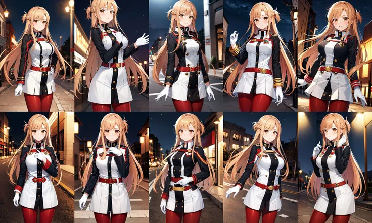 masterpiece, best quality, highres, ccasuna, long hair, brown hair, brown eyes, uniform, jacket, long sleeves, white gloves, belt, red pantyhose, <lora:asuna_(sao)_v1:0.7>, standing, cowboy shot, street, night