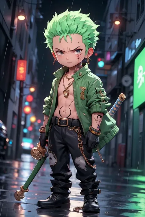 ((best quality)),((masterpiece)),(detailed),chibi,zoro,solo,short hair,gloves,1boy,jewelry,jacket,weapon,male focus,earrings,green hair,open clothes,belt,pants,necklace,bracelet,tattoo,chain,scar,black pants,pectorals,sheath,scar on face,rain,sheathed,scar across eye,chain necklace,chibi,<lora:Zoro:0.8>,,<lora:GoodHands-vanilla:1>,