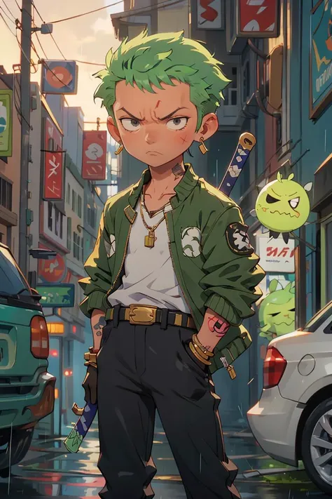 ((best quality)),((masterpiece)),(detailed),chibi,zoro,solo,short hair,gloves,1boy,jewelry,jacket,weapon,male focus,earrings,green hair,open clothes,belt,pants,necklace,bracelet,tattoo,chain,scar,black pants,pectorals,sheath,scar on face,rain,sheathed,scar across eye,chain necklace,chibi,<lora:Zoro:0.8>,,<lora:GoodHands-vanilla:1>,