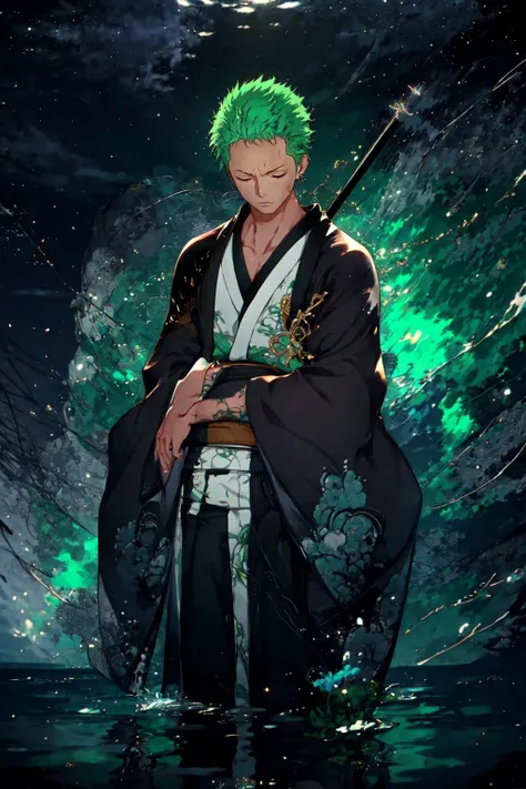 Highly detailed, High Quality, Masterpiece, beautiful, <lora:DarkIncursioStyle:1>, night, (dark environment), sky, cloud , <lora:LAS:0.7> ,ocean, water reflection from sky, zoro, solo, short hair, closed eyes, concentration, upper body, male focus, earrings, japanese clothes, green hair, horns, kimono, tattoo, glowing, scar, scar on chest, crossed arms, <lora:ZoroV1:1>,