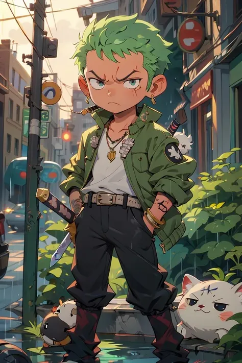 ((best quality)),((masterpiece)),(detailed),chibi,zoro,solo,short hair,gloves,1boy,jewelry,jacket,weapon,male focus,earrings,green hair,open clothes,belt,pants,necklace,bracelet,tattoo,chain,scar,black pants,pectorals,sheath,scar on face,rain,sheathed,scar across eye,chain necklace,chibi,<lora:Zoro:0.8>,,<lora:GoodHands-vanilla:1>,