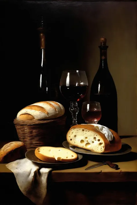 <lora:Jean-Baptiste-Simeon Chardin Style:1>Jean-Baptiste-Simeon Chardin Style - still life bread wine empanada and cheese Velzquez's style can be described as a masterful combination of naturalism, realism and a subtle exploration of light and space. His influence extended well beyond his lifetime and continues to inspire artists to this day
