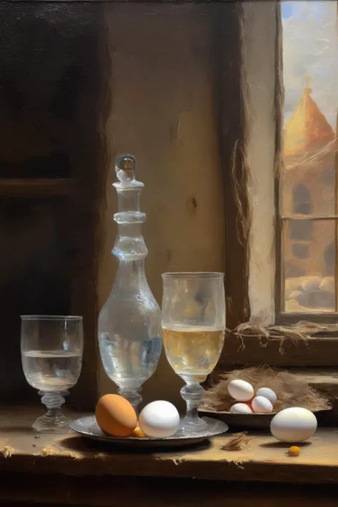 <lora:Jean-Baptiste-Simeon Chardin Style:1>Jean-Baptiste-Simeon Chardin Style - a recently discovered 18th century still-life oil painting in the granular impasto style of Jean-Baptiste-Simeon Chardin. Water glasses, water bottles, dry flowers, eggs, cloth, light from open window on the left, reflections on the wet wall, rainbow, mist. This is an oil painting, thick visible paint textures rendered by a palette knife, the paint appears to be coming out of the canvas. Atmospheric, luminous, polychromatic.