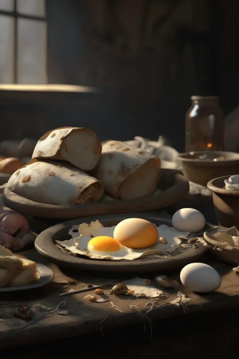 <lora:Jean-Baptiste-Simeon Chardin Style:1>Jean-Baptiste-Simeon Chardin Style - photorealistic cinematic scene in volumetric lighting of rotting meat, moldy bread, torn fabrics, primorial insects emerging from egg casings and larvae in the tradition of Pieter Claesz