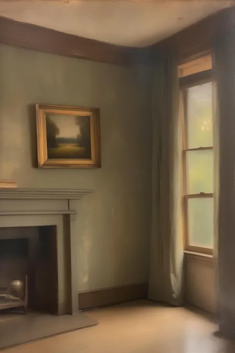 <lora:Jean-Baptiste-Simeon Chardin Style:1>Jean-Baptiste-Simeon Chardin Style - a painting of an interior of a house in the style of George Inness. tonalist style. Loose impressionist brush strokes. hazy, minimal detail. A muted neutral color palette. antoque 19th century oil on canvas.