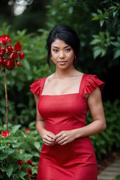 rainna a woman, <lora:Rainna_N:.6>, red cotton dress, garden, sharp focus , photo realistic, realism, UHD, bokeh, sharp focus , photo realistic, realism, photo by saramorris
<lora:saramorrisstyle:.3>, detailed skin texture, (blush:0.5), (goosebumps:0.5), subsurface scattering