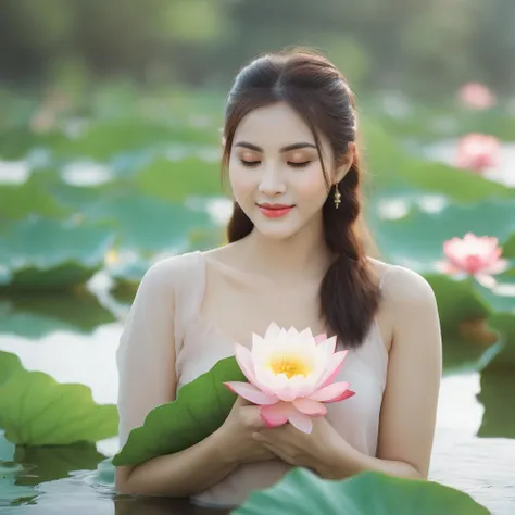 The woman's beauty can be enhanced by the reflection of the lotus flowers in the water. The vibrant colors of the lotus flowers can also add to the beauty of the scene, creating a harmonious blend of colors, RAW photo,(high detailed skin:1.2), 8k uhd, dslr, soft lighting, high quality, film grain, photorealistic
<lora:offset_0.2:0.8> <lora:girlcuchoamiface_sdxl_SDLife_Chiasedamme_v2.0:0.4>