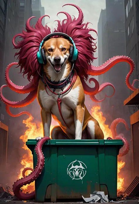 In a smog-choked metropolis, a gargantuan urban canine spirit, "Ruthless Ruby," emerged from a dumpster fire, her shaggy fur aflame as she donned a headset spewing toxic lyrics, Her curved tail thrashed like a whip, while tentacles snatched scraps and hurled them at onlookers in a virulent serenade, , (&:0)