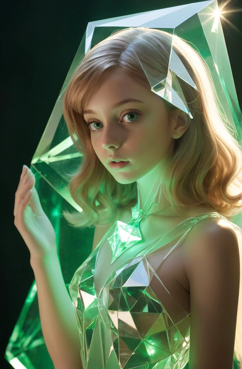 living sculpture of a young woman, (crystal:1.2, translucent:1.3, crystalline:1.1), glimmering, Kelly Green, Light Brown, dream girl, Wizard, importance, ambient lighting, fill the frame, sharp angles,