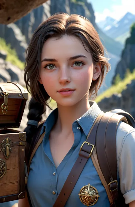 a 20 years old young female adventurer looking for lost treasures, hyperrealism, no blur, 8 k, high resolution, very detailed face, award winning, trending on artstation