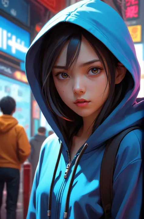 21 years old toothsome (Macanese young woman),hacker, spy, hiding, hoodie, sexy outfit, semirealistic, detailed face, 4k digital illustration, very vibrant colors, soft lighting, adventurous, atmospheric lighting, 8K, octane render, By Makoto Shinkai, Stanley Artgerm Lau, WLOP, Rossdraws, James Jean, Andrei Riabovitchev, Marc Simonetti, krenz cushart, Sak