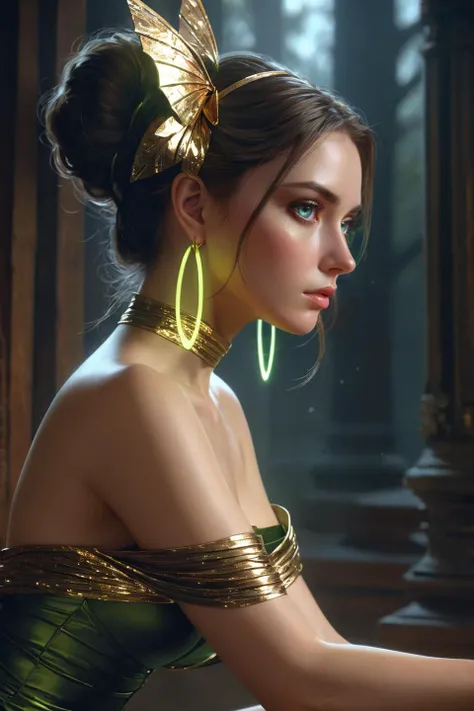 there is a woman with a gold headband and a gold necklace, 8 k sensual lighting, unreal engine render + a goddess, alexey egorov, 8k portrait render, cyberpunk art ultrarealistic 8k, art nouveau octane render, 3 d render character art 8 k, cinematic goddess body shot, cinematic 3d render, by Mike Winkelmann, detailed cinematic render