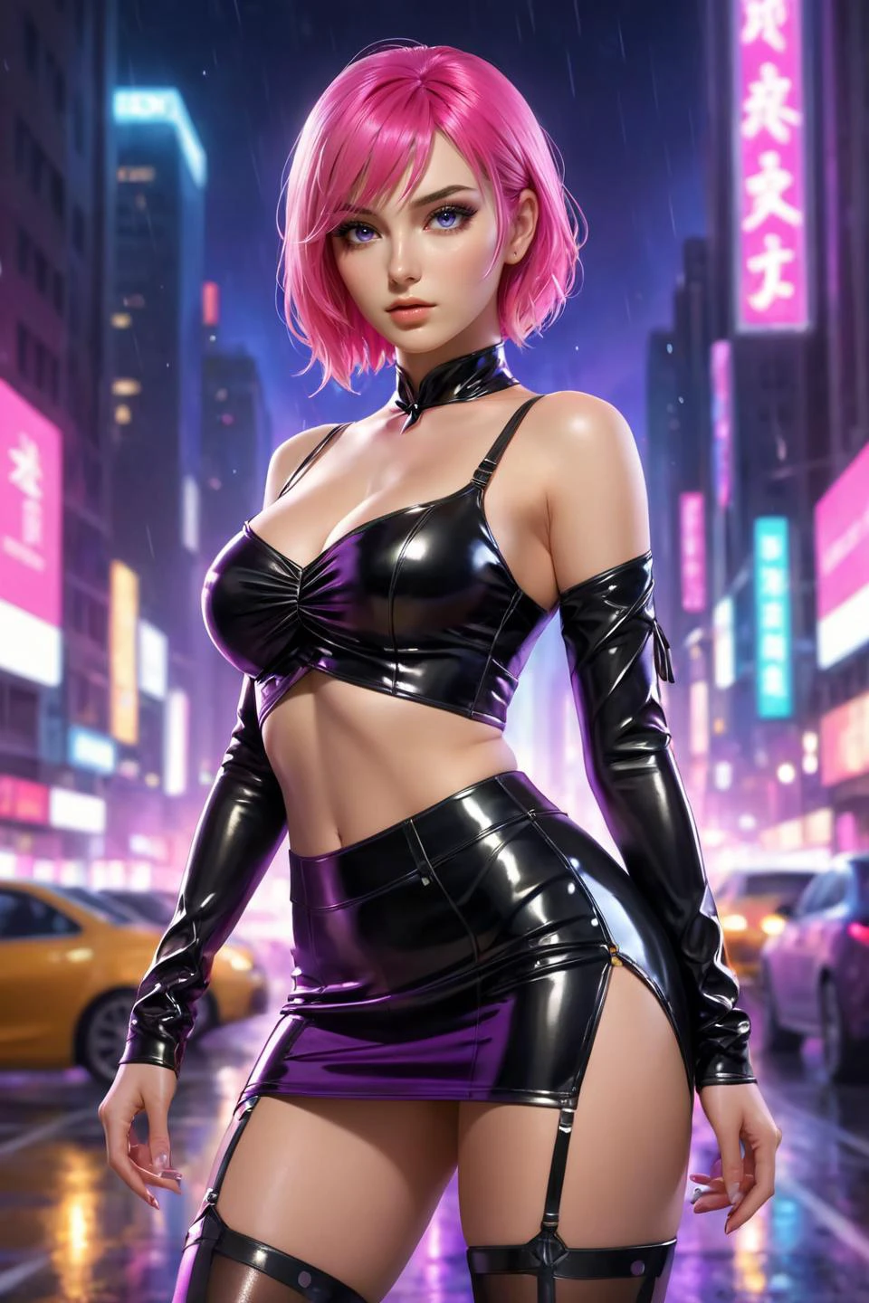 texture asset, seamless texture of (dominant, confident, seductive, intimidating, disdain, provocative:1.3), (neon_glowing_legwear:1.3), (chiaroscuro:1.3), (dynamic angle:1.3),(dynamic scene:1.3),(action packed:1.3), solo, (particles_and_sparks_in_air:1.3), <lora:DDR_Fashion:0.1>, AnalogRedmAF <lora:AnalogRedmondV2-Analog-AnalogRedmAF:0.1> (pink:1.3) __hair_female__, (vinyl miniskirt_1.3), seductive pose, perfect body, (huge tits:1.3), simple purple background, (high key:1.3), (dramatic lighting:1.3), (realistic skin_details, sharp focus space art, the drip drip, the bling bling, the skrrrt skrrrt (8k, masterpiece:1.2), Night view of city streets, The lights of the night, (ultra highres:1.0), watercolor, a beautiful adult woman, shoulder full body, high heels, solo, beautiful eyes, ankle bow, <lora:add-detail-xl:1> <lora:DetailedEyes_V3:1>, perfect eyes <lora:perfect-eyes:0.3>, (closed mouth:1.3), close-up, texture detail, tileable texture