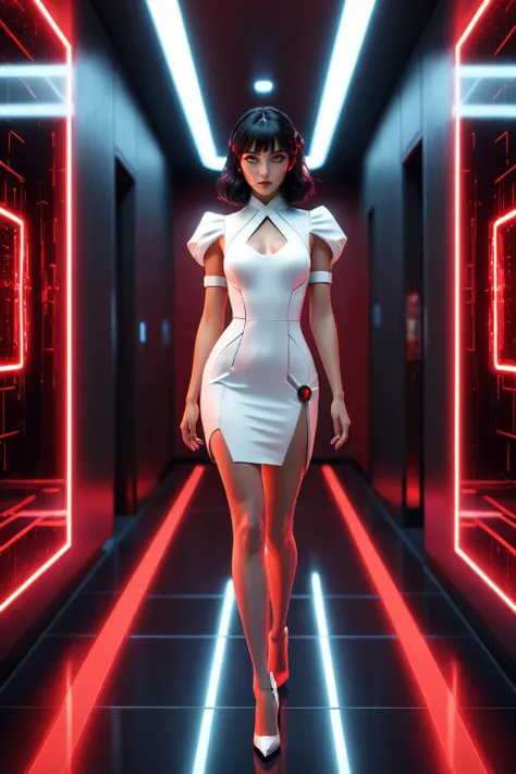 cybernetic robot (haze, fog, mist:1.3), (neon_glowing_legwear:1.3), (chiaroscuro:1.3), (dynamic angle:1.3),(dynamic scene:1.3),(action packed:1.3), solo, (particles_and_sparks_in_air:1.3), <lora:DDR_Fashion:0.1>, AnalogRedmAF <lora:AnalogRedmondV2-Analog-AnalogRedmAF:0.1> chromatic aberration, fashion illustration, masterpiece, woman with harajuku fashion a woman in a white dress walking down a hall with red lights on the walls and a mirror behind her, unreal engine 5 rendered, concept art, retrofuturism, 1woman, black_hair full body, high heels, solo, beautiful eyes, ankle bow, <lora:add-detail-xl:1> <lora:DetailedEyes_V3:1>, perfect eyes <lora:perfect-eyes:0.3>, (closed mouth:1.3), android, AI, machine, metal, wires, tech, futuristic, highly detailed