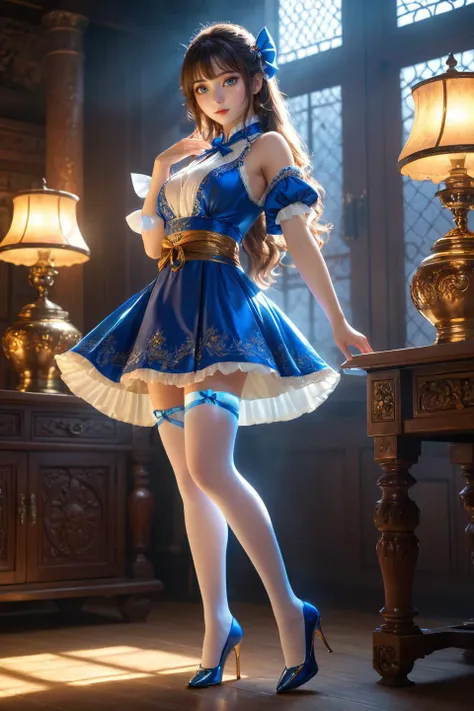 highest quality, masterpiece, One girl, alone, Long Hair,, Knee socks, Exposing shoulders, jewelry, No sleeve, White Dress, Blue Skirt, gloves, smile, Soft lighting, whole body, Wide Hips, Medium chest、Cutesy pose